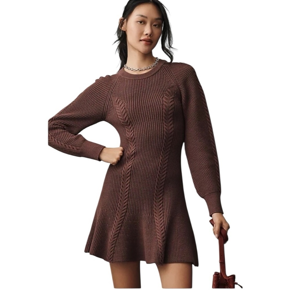 Anthropologie - NWT Taupe Cable Knit Skater Ribbed Sweater Dress Sz L